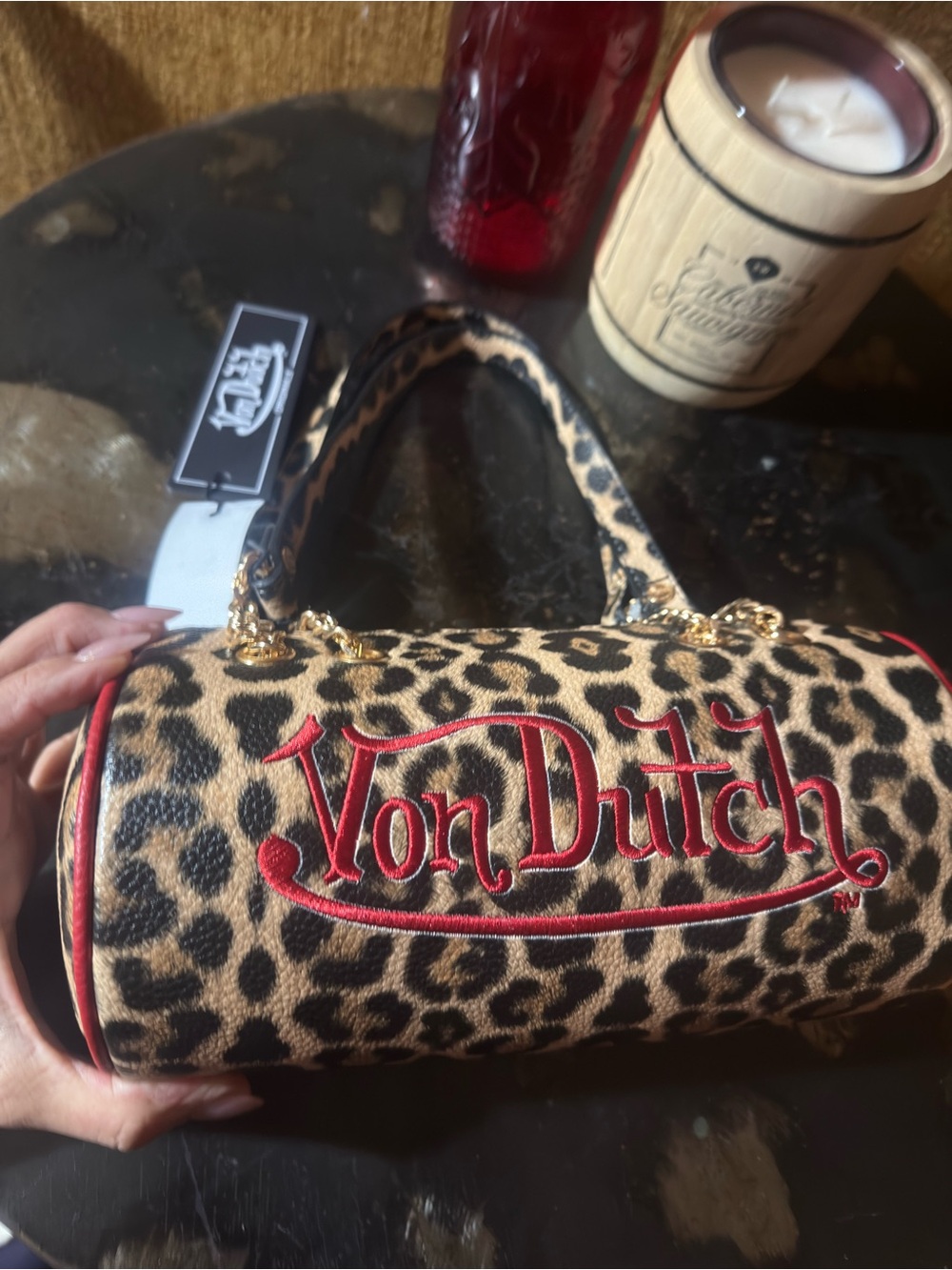 NWT Von Dutch Leopard Bowling Bag Red Logo Y2K 2000s Shoulder Purse